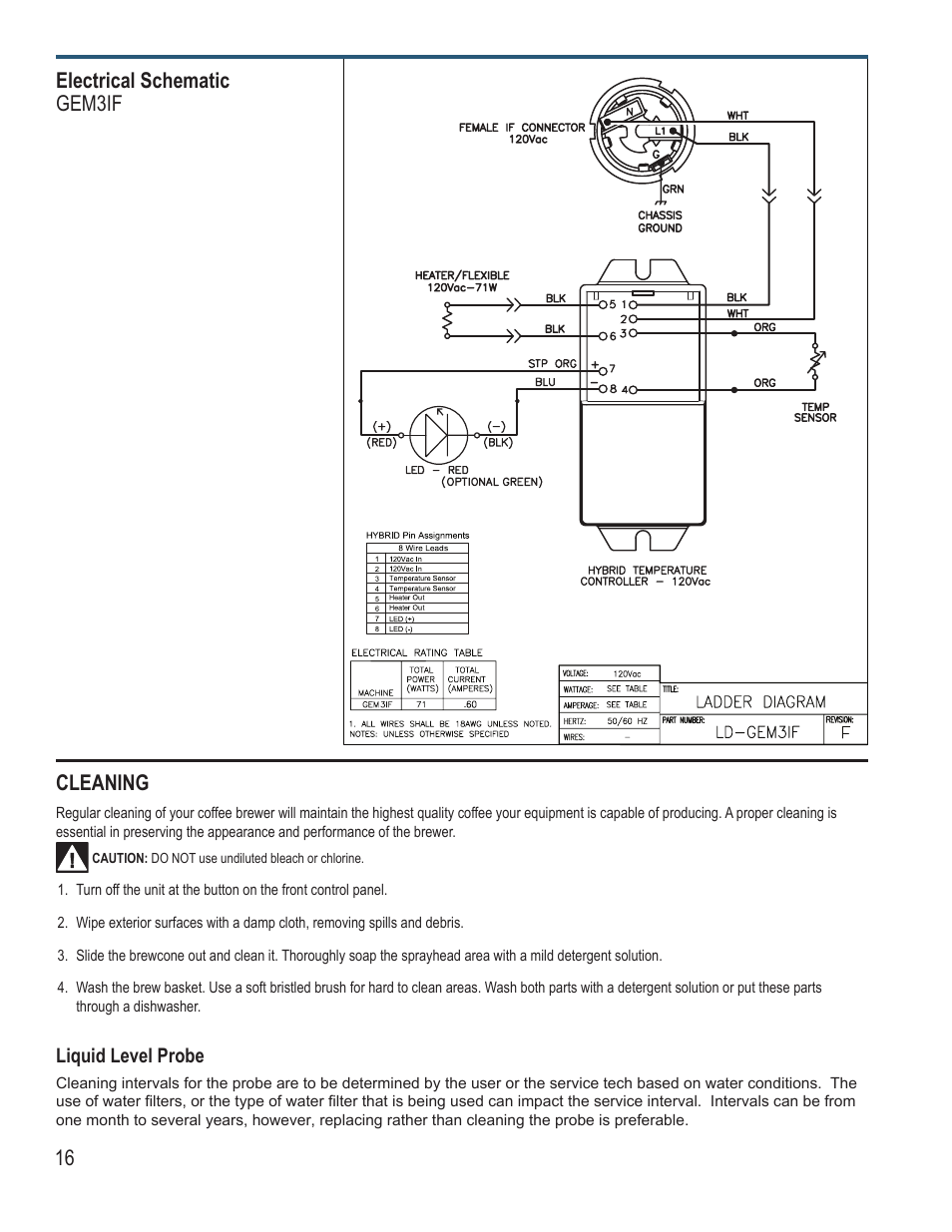 16 electrical schematic gem3if, Cleaning | Wilbur Curtis GEM3IF User Manual | Page 16 / 18