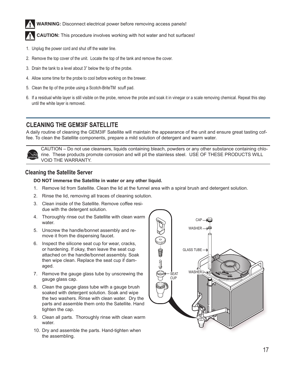 Cleaning the gem3if satellite, Cleaning the satellite server | Wilbur Curtis GEM3IF User Manual | Page 17 / 18