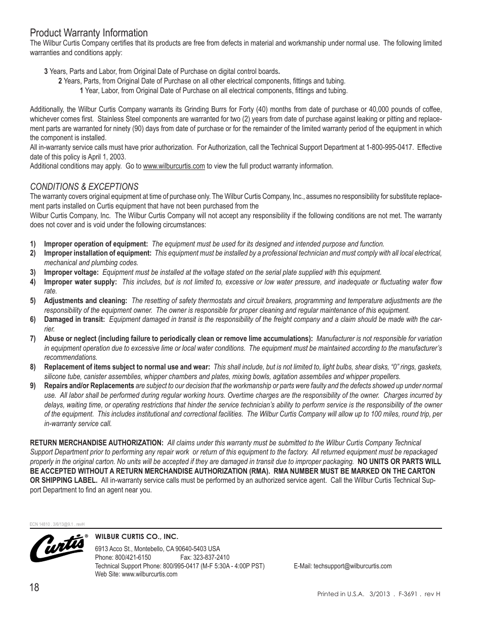 Product warranty information, Conditions & exceptions | Wilbur Curtis GEM3IF User Manual | Page 18 / 18