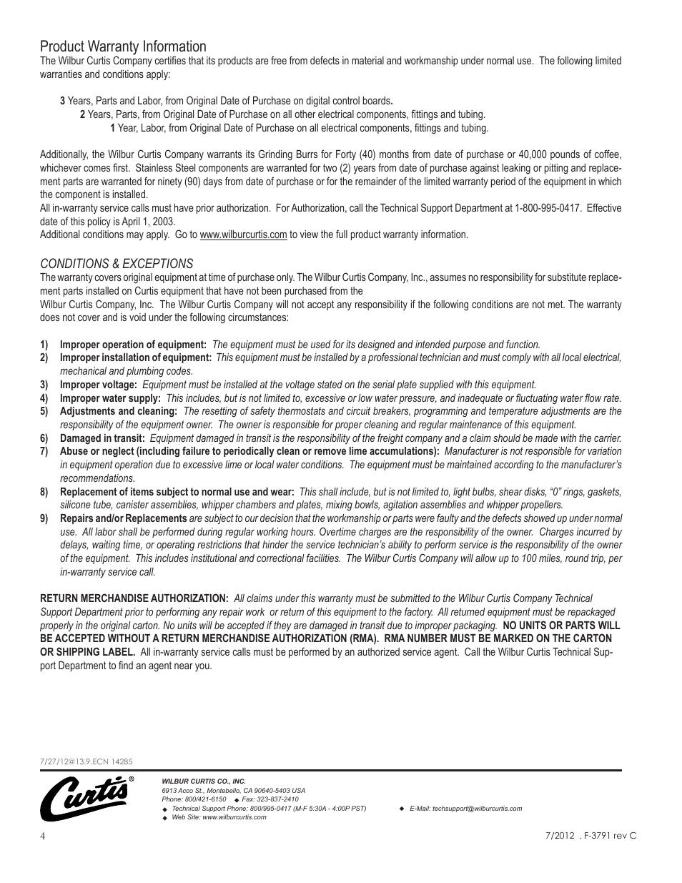 Product warranty information, Conditions & exceptions | Wilbur Curtis GEM5IFT User Manual | Page 4 / 4
