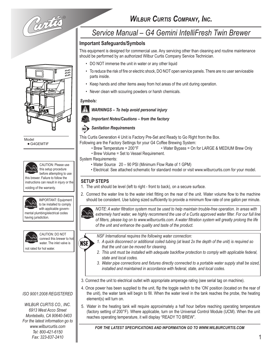 Wilbur Curtis G4GEMTIF User Manual | 16 pages