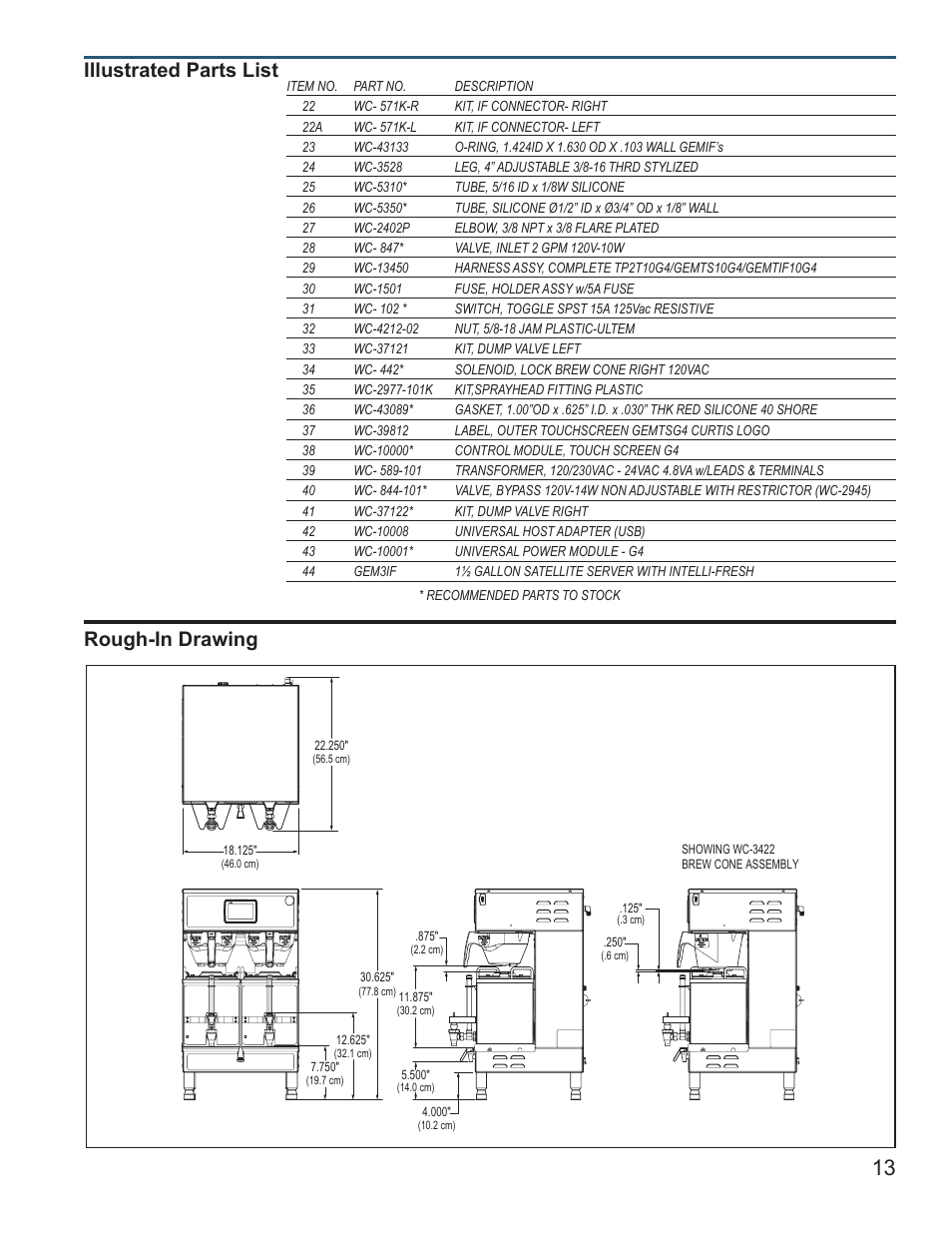 Illustrated parts list, Rough-in drawing | Wilbur Curtis G4GEMTIF User Manual | Page 13 / 16