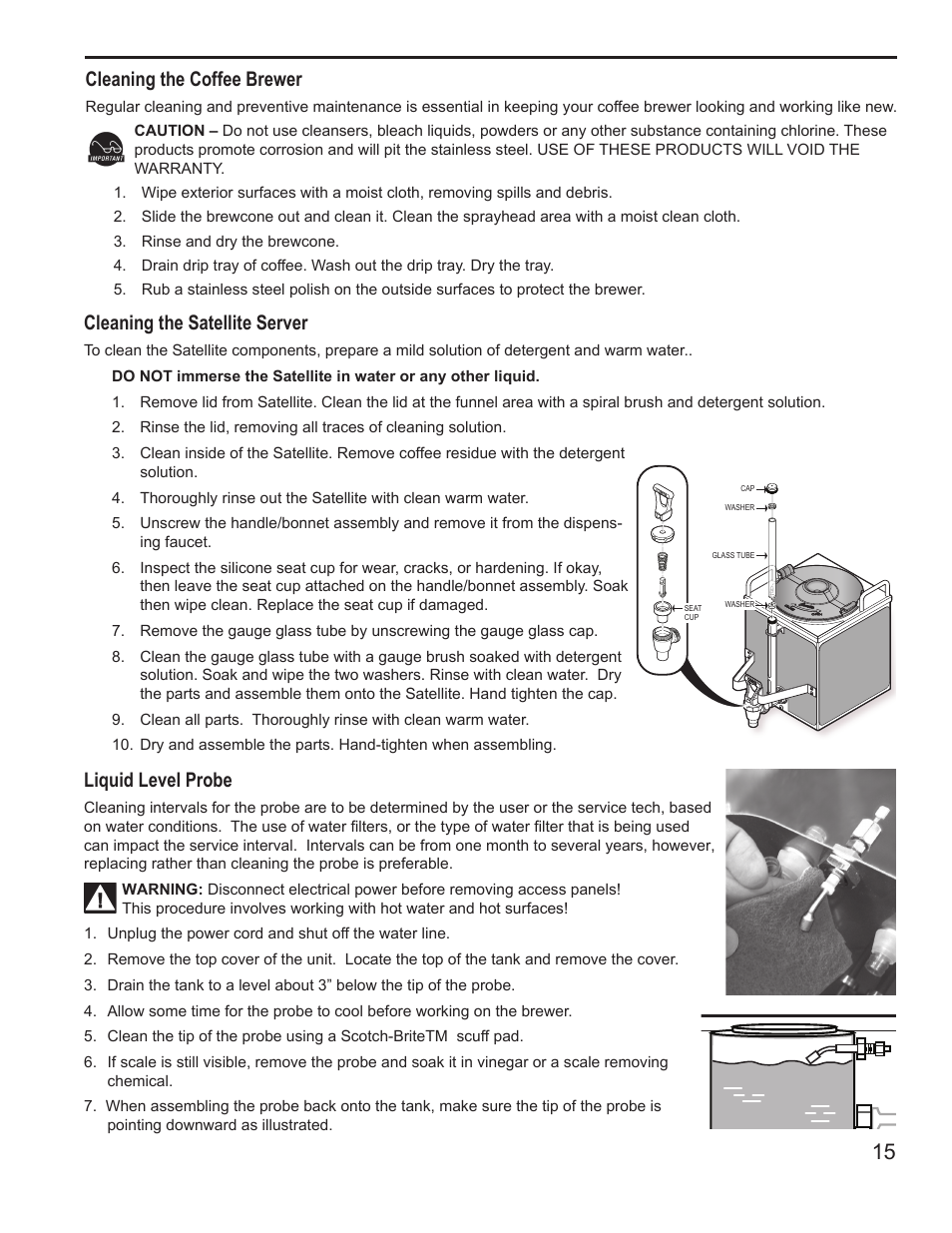 Cleaning the satellite server, Cleaning the coffee brewer, Liquid level probe | Wilbur Curtis G4GEMTIF User Manual | Page 15 / 16