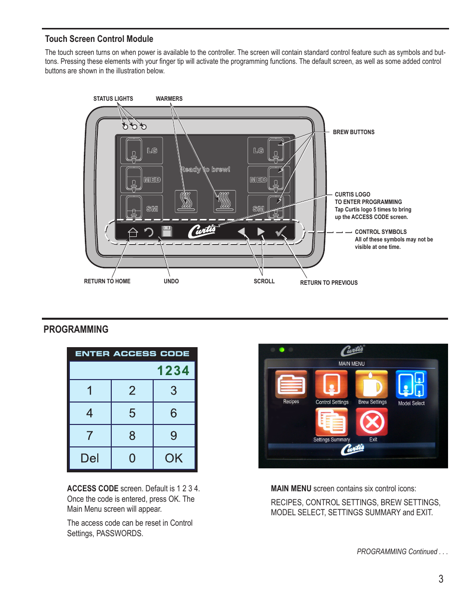Programming, Touch screen control module | Wilbur Curtis G4GEMTIF User Manual | Page 3 / 16