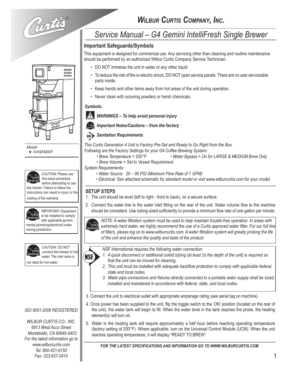 Wilbur Curtis G4GEMSIF User Manual | 18 pages