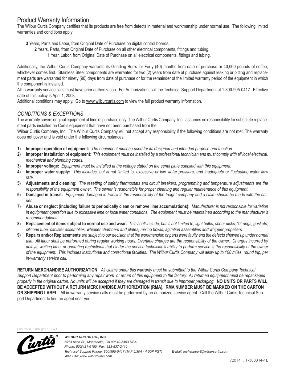 Product warranty information, Conditions & exceptions | Wilbur Curtis G4GEMSIF User Manual | Page 18 / 18