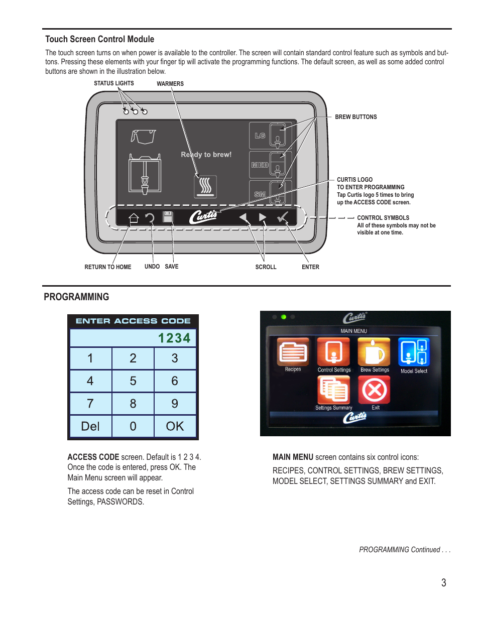 Programming, Touch screen control module | Wilbur Curtis G4GEMSIF User Manual | Page 3 / 18