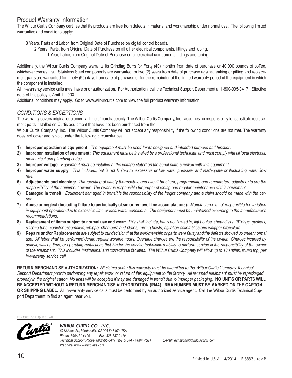 Product warranty information | Wilbur Curtis GEMSS User Manual | Page 10 / 10