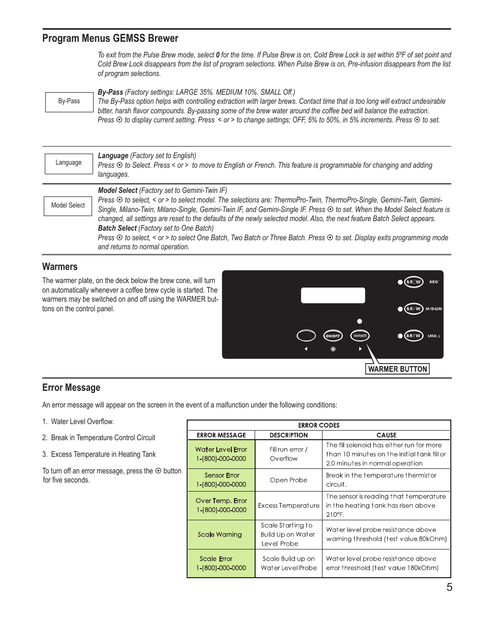 Program menus gemss brewer, Error message, Warmers | Wilbur Curtis GEMSS User Manual | Page 5 / 10