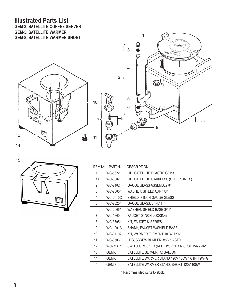 Illustrated parts list | Wilbur Curtis GEMSS User Manual | Page 8 / 10