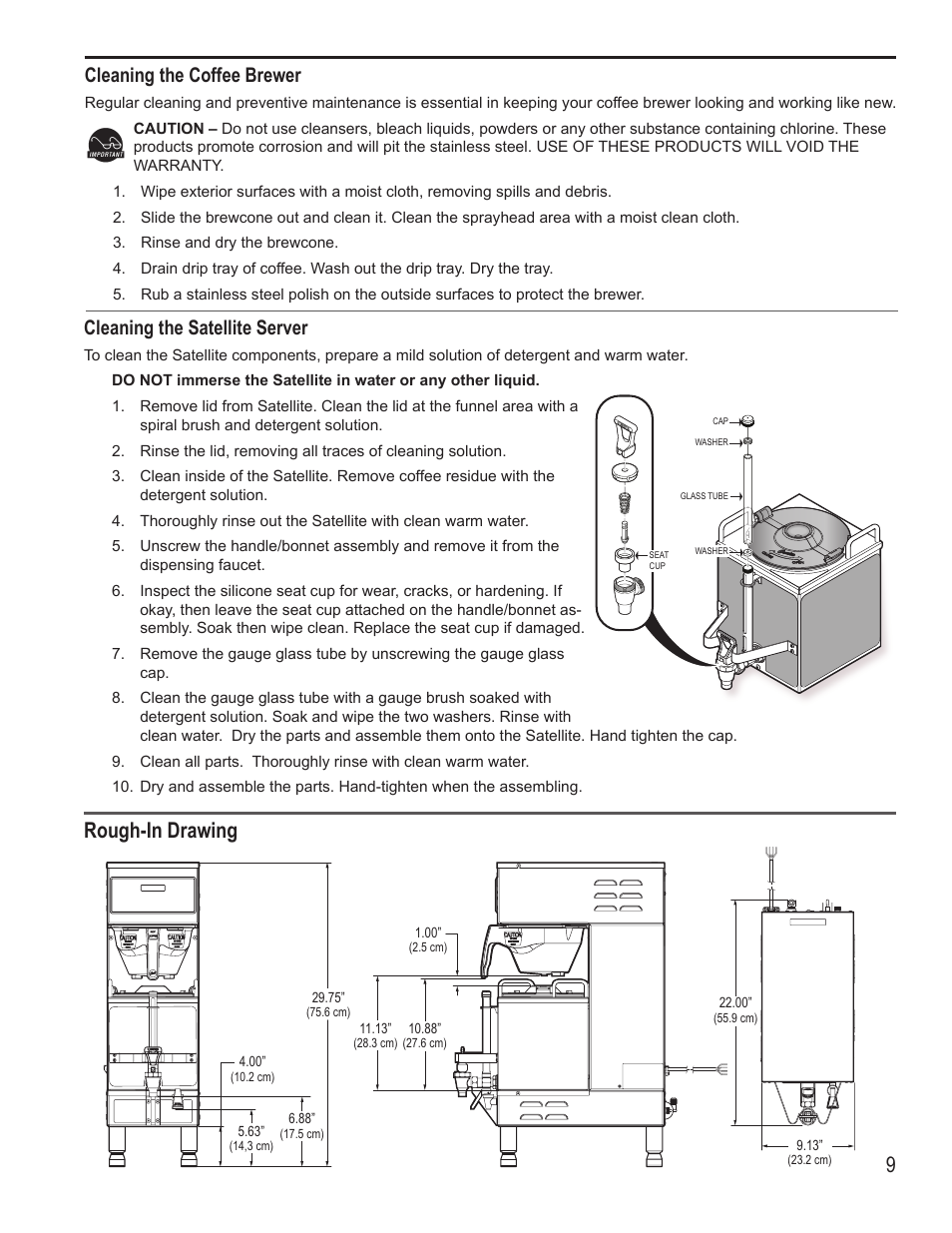 Rough-in drawing, Cleaning the coffee brewer, Cleaning the satellite server | Wilbur Curtis GEMSS User Manual | Page 9 / 10