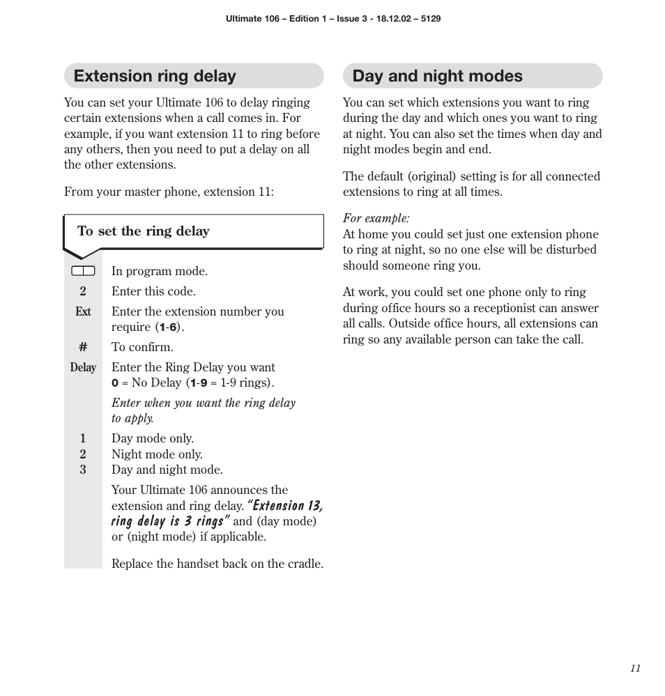 Extension ring delay, Day and night modes, Extension 13, ring delay is 3 rings | BT 106 User Manual | Page 13 / 45