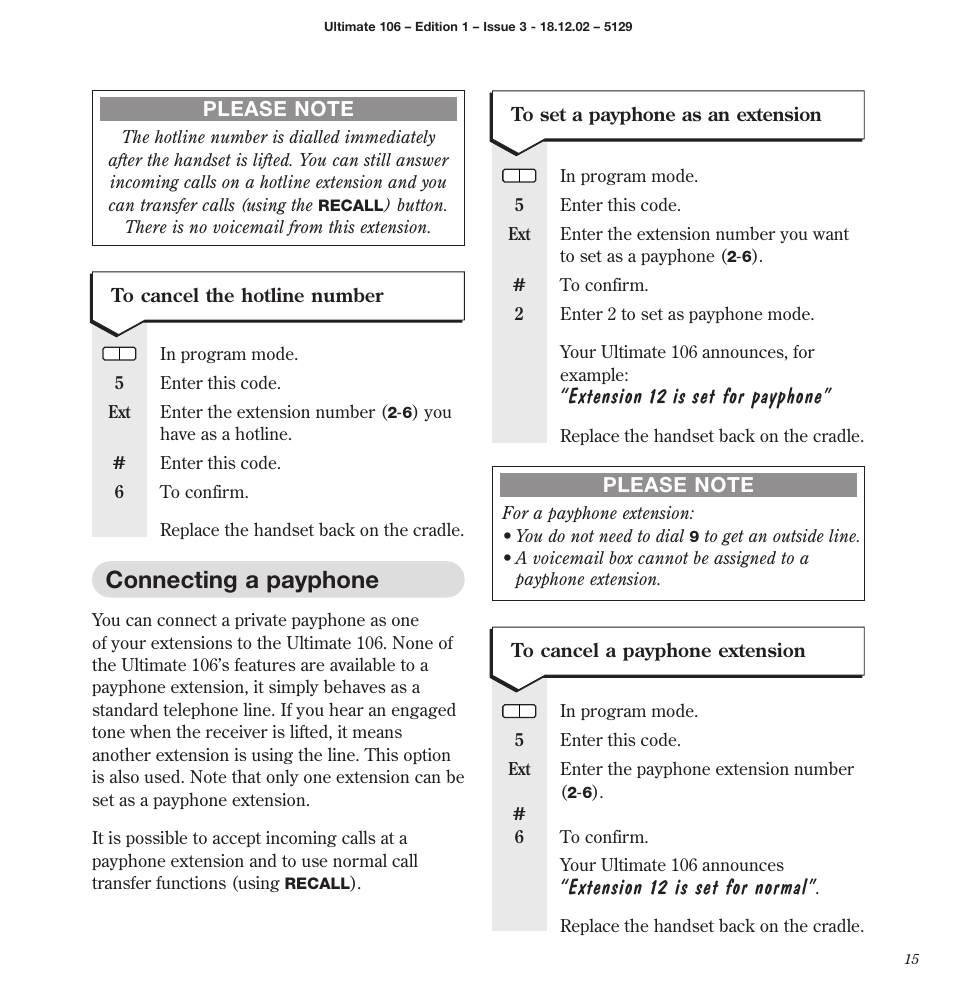 Connecting a payphone, Extension 12 is set for payphone, Extension 12 is set for normal | BT 106 User Manual | Page 17 / 45