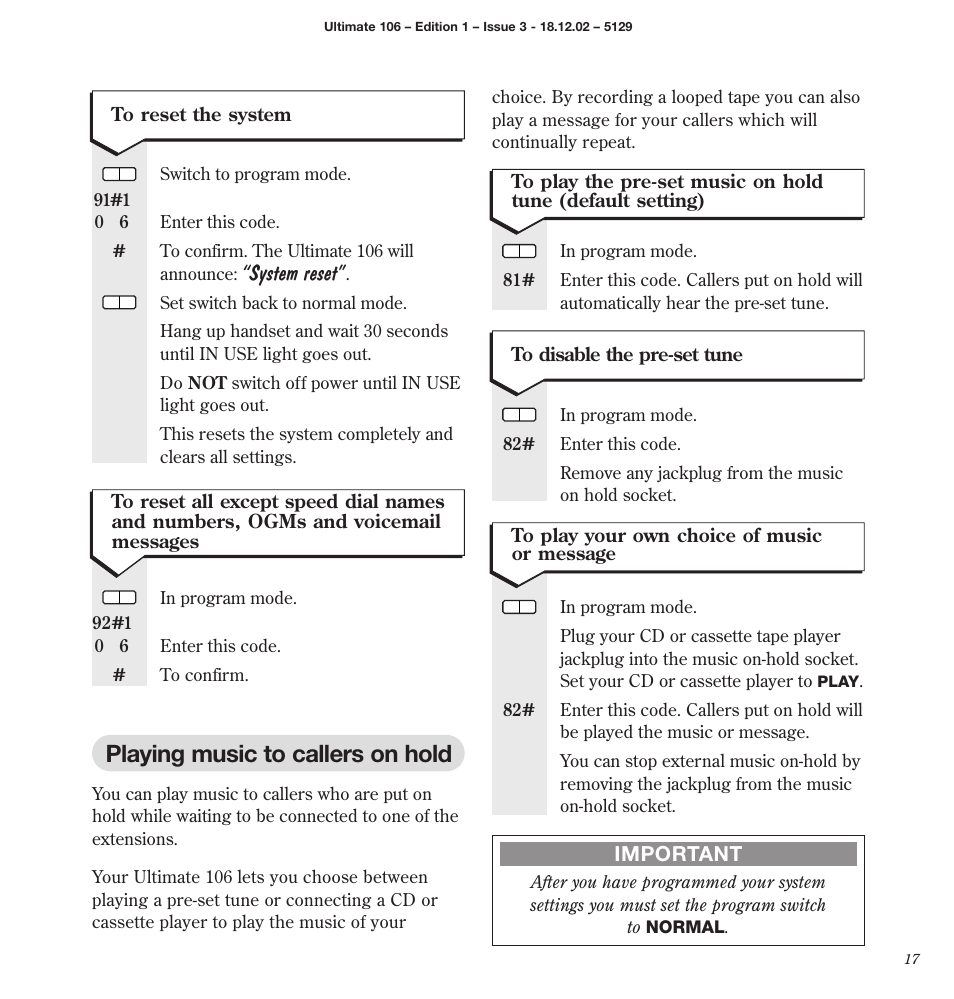 Playing music to callers on hold, System reset | BT 106 User Manual | Page 19 / 45