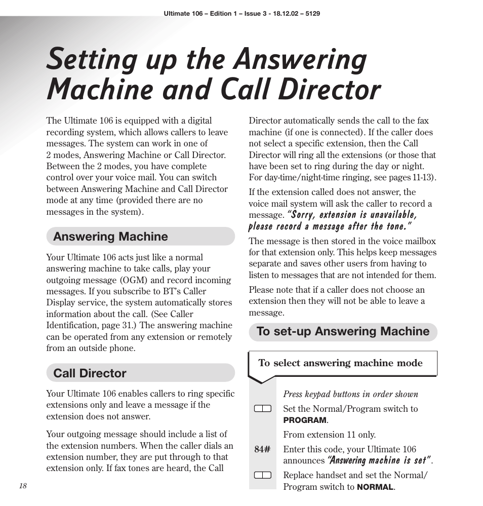 Setting up the answering machine and call director, Answering machine, Call director | BT 106 User Manual | Page 20 / 45