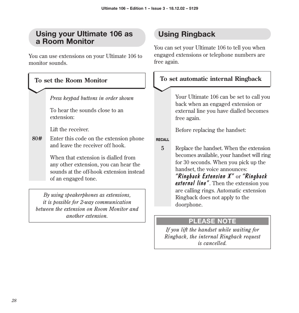 Using ringback, Using your ultimate 106 as a room monitor, Ringback extension x | Ringback external line | BT 106 User Manual | Page 30 / 45