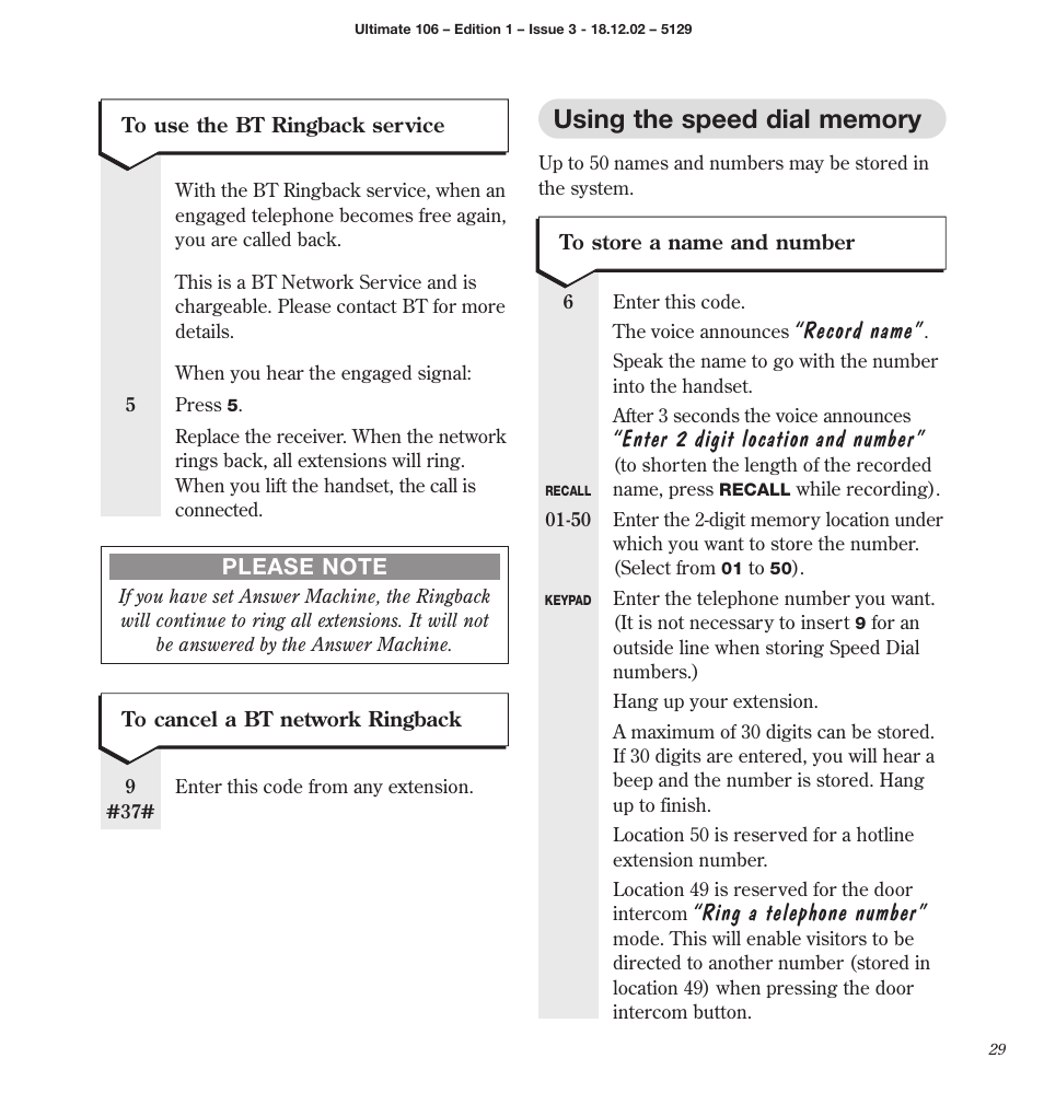 Record name, Enter 2 digit location and number, Ring a telephone number | BT 106 User Manual | Page 31 / 45