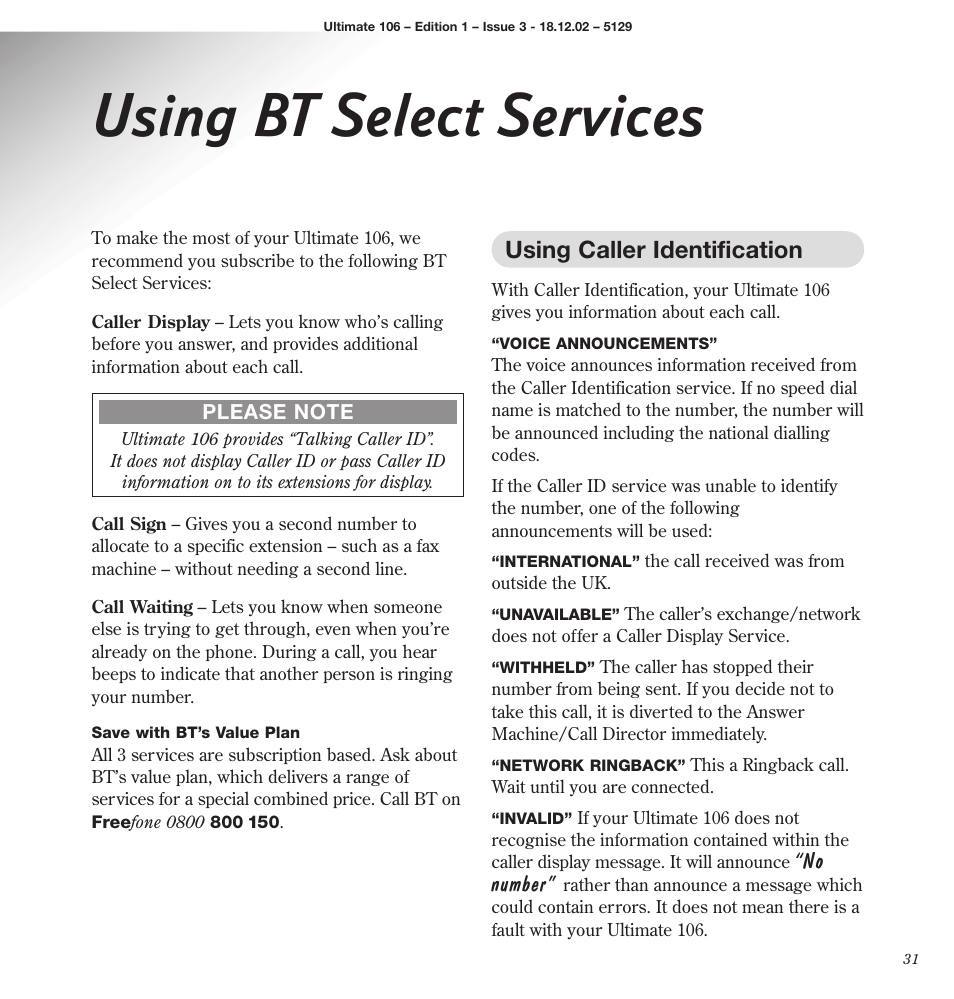 Using bt select services, Using caller identification, No number | BT 106 User Manual | Page 33 / 45