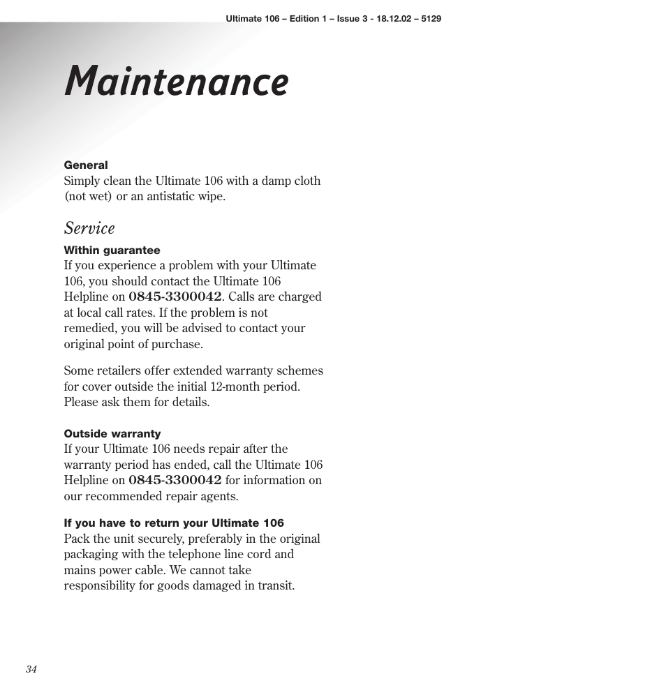 Maintenance, Service | BT 106 User Manual | Page 36 / 45