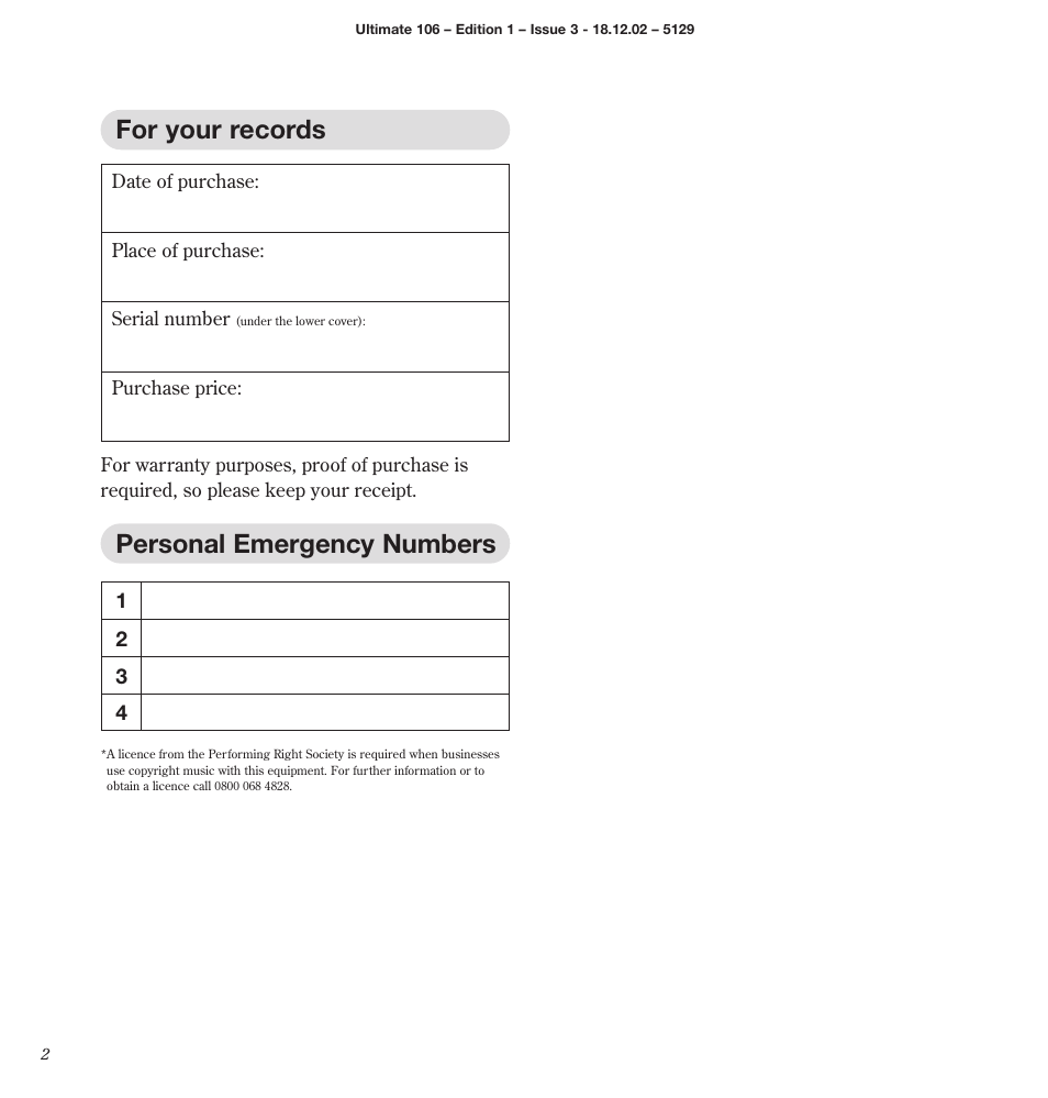 For your records, Personal emergency numbers | BT 106 User Manual | Page 4 / 45