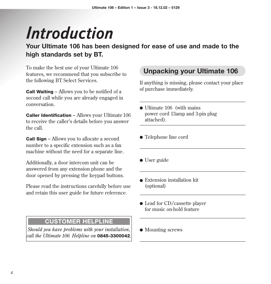 Introduction, Unpacking your ultimate 106 | BT 106 User Manual | Page 6 / 45