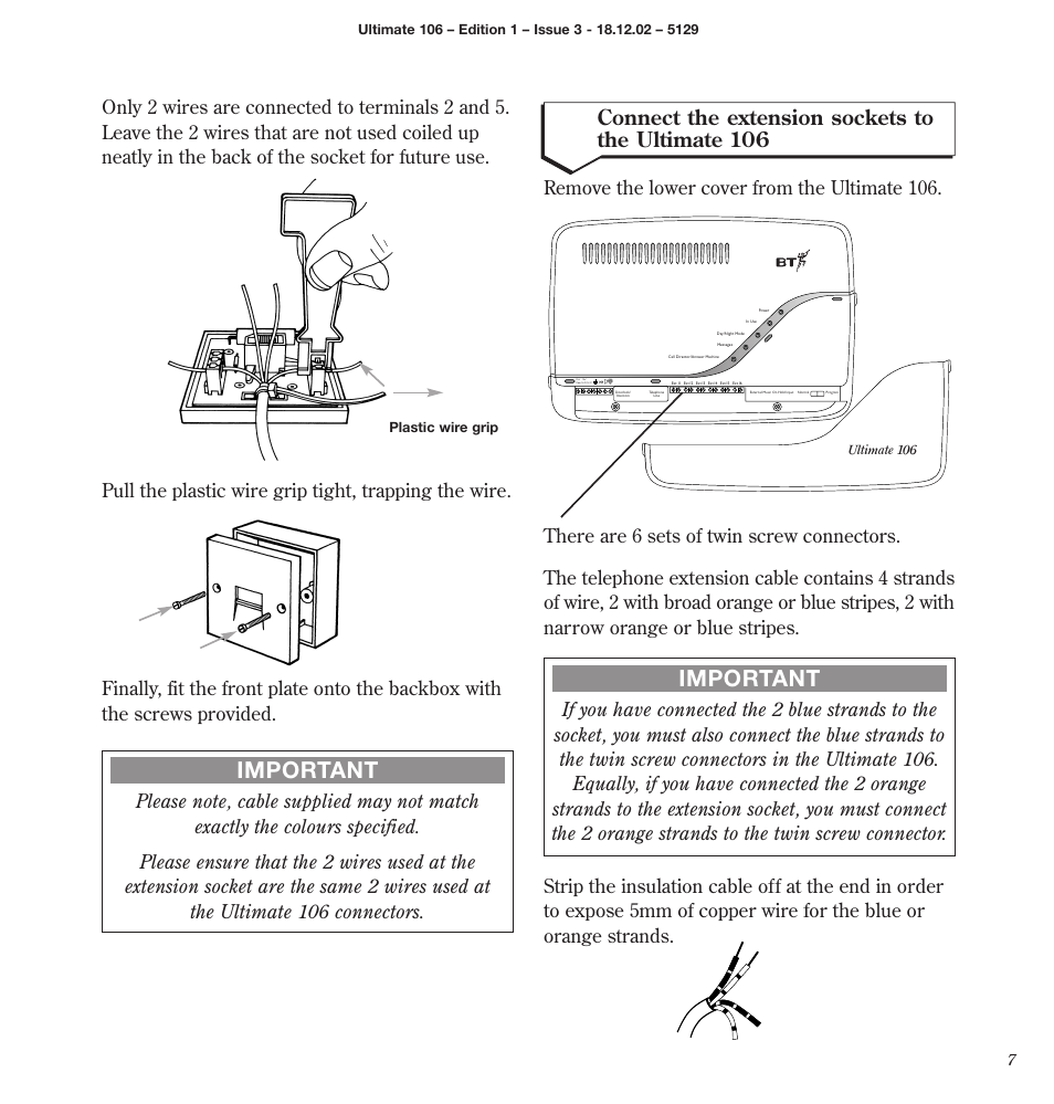 Important, Connect the extension sockets to the ultimate 106 | BT 106 User Manual | Page 9 / 45