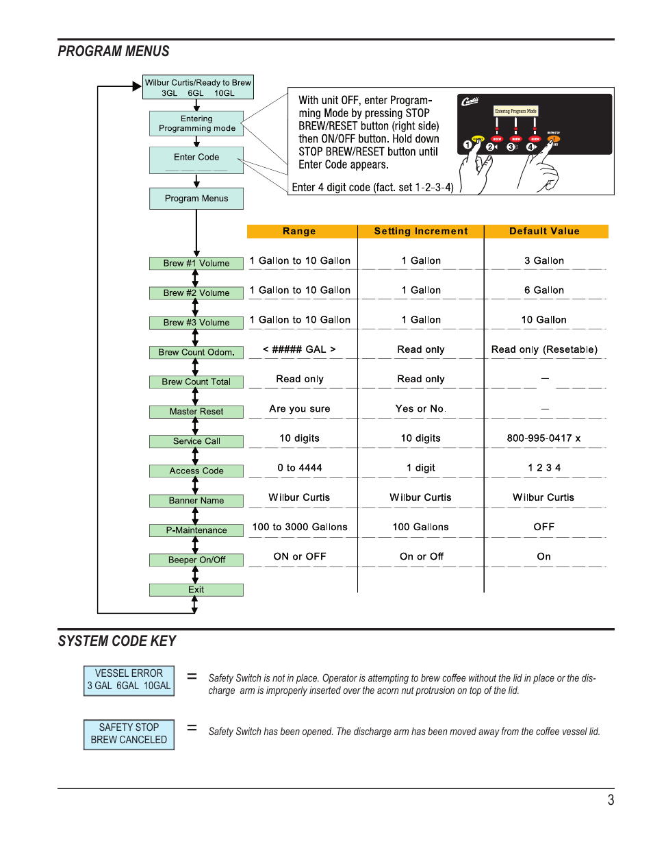 3program menus, System code key | Wilbur Curtis MWMGT-12 User Manual | Page 3 / 8