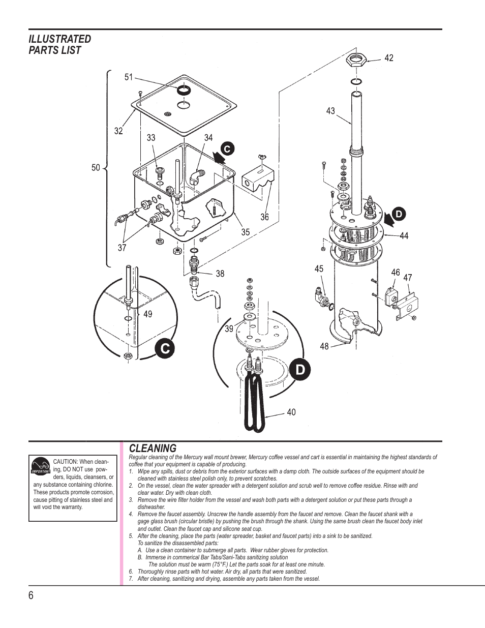Illustrated, Illustrated parts list, Cleaning | Wilbur Curtis MWMGT-12 User Manual | Page 6 / 8