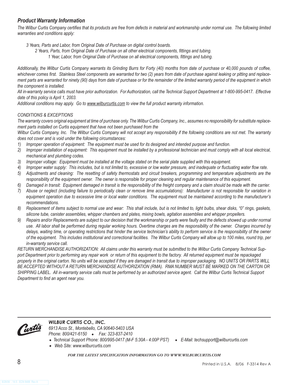 Wilbur Curtis MWMGT-12 User Manual | Page 8 / 8