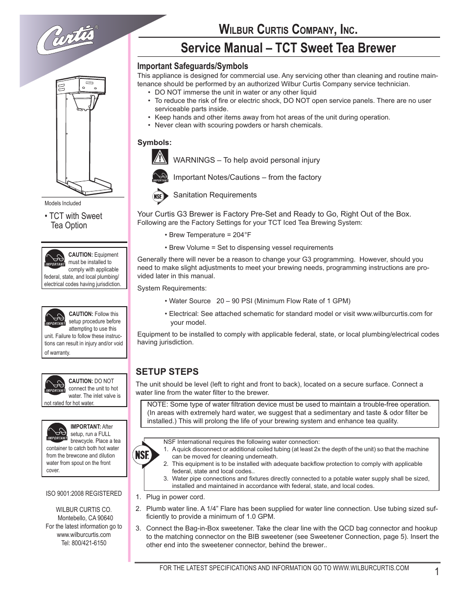 Wilbur Curtis TCT with Sweet  Tea Option User Manual | 12 pages