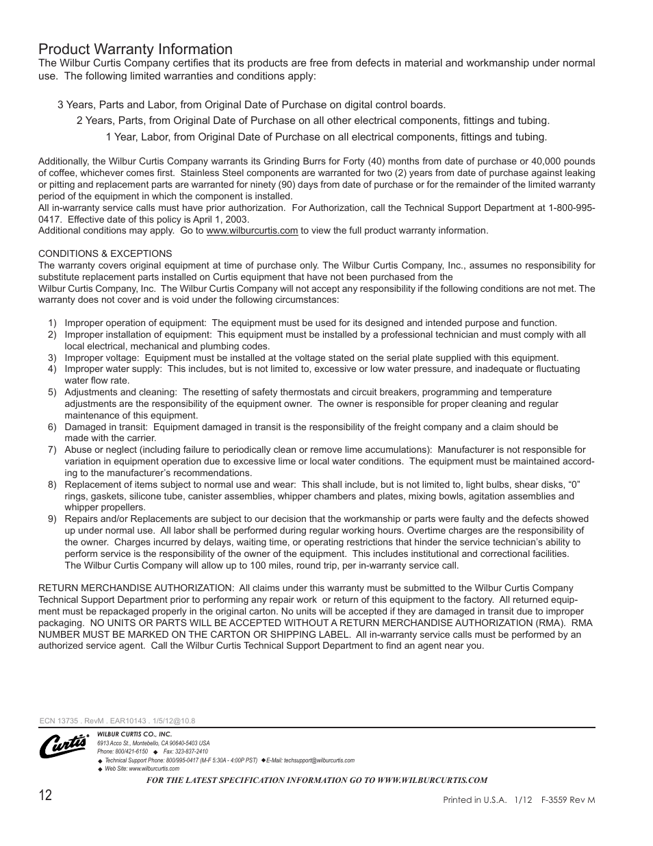 Product warranty information | Wilbur Curtis TCT with Sweet  Tea Option User Manual | Page 12 / 12