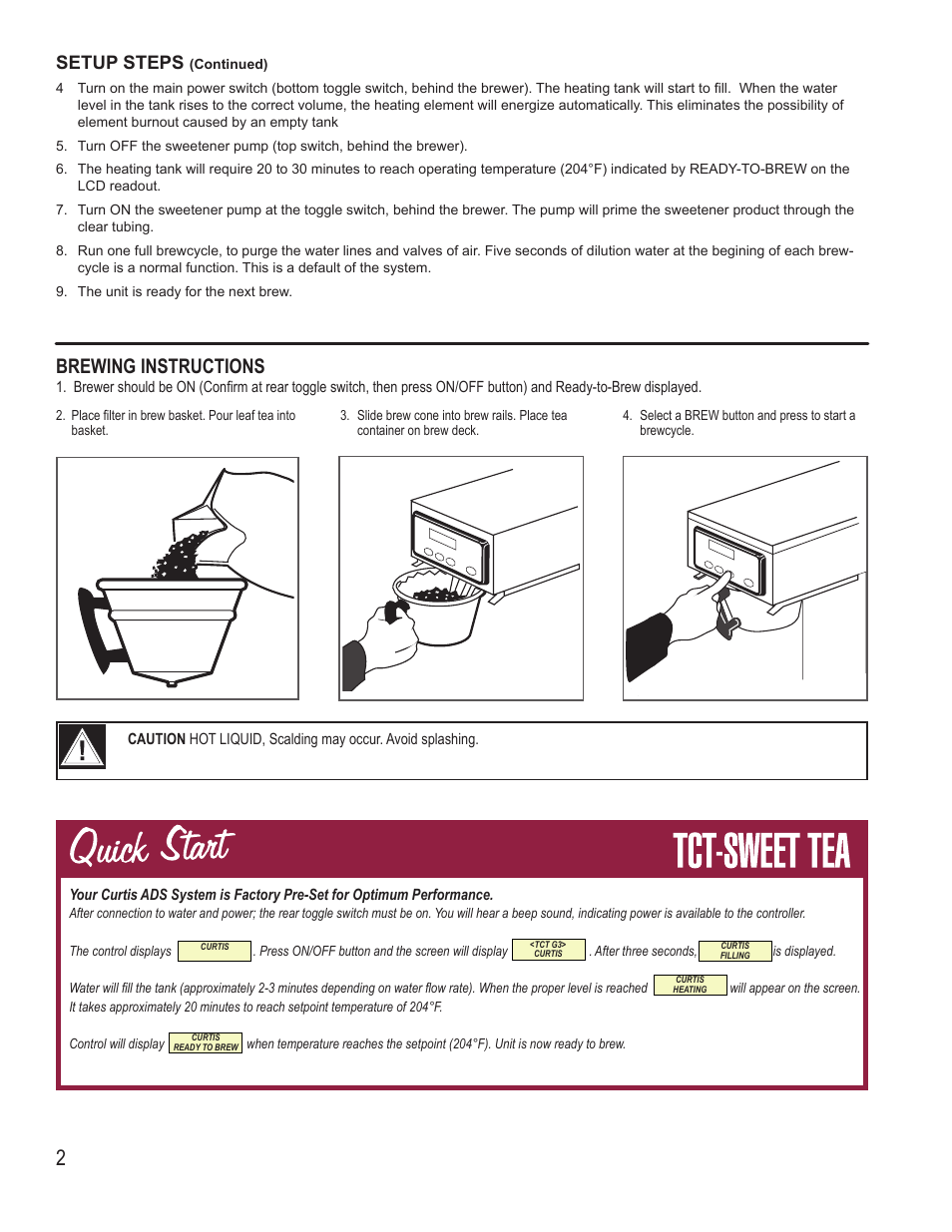 Brewing instructions, Setup steps | Wilbur Curtis TCT with Sweet  Tea Option User Manual | Page 2 / 12