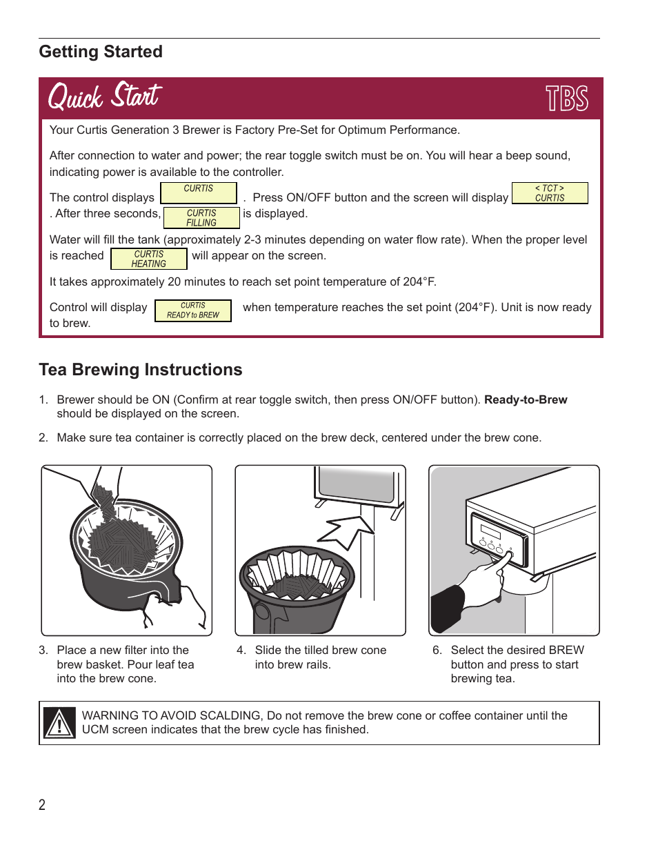 Getting started, Tea brewing instructions | Wilbur Curtis TBS User Manual | Page 2 / 10