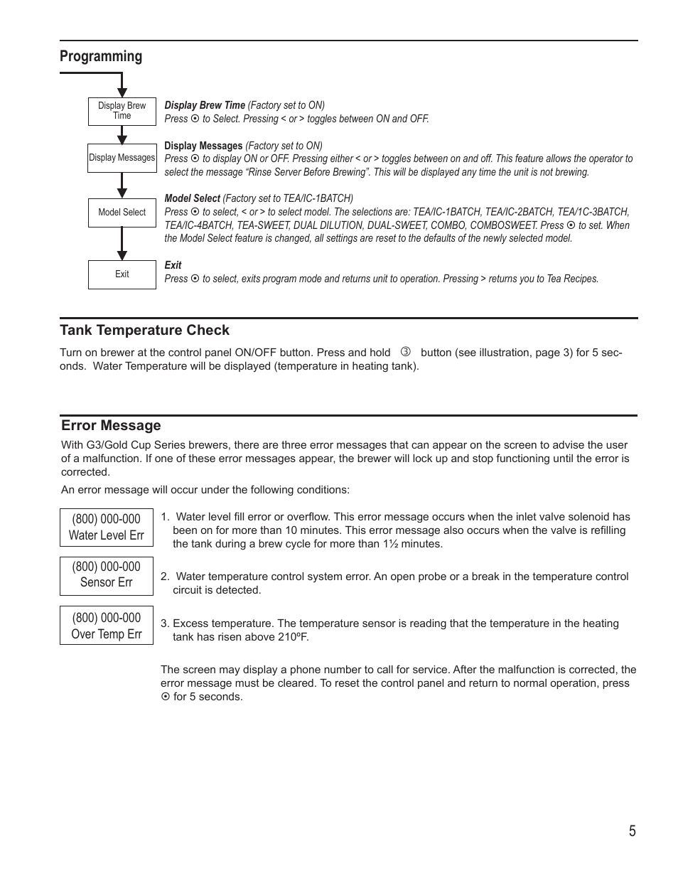 5programming, Error message, Tank temperature check | Wilbur Curtis TBS User Manual | Page 5 / 10