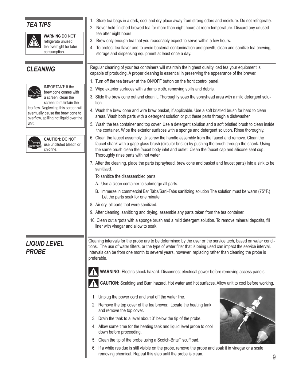 Cleaning, Liquid level probe tea tips | Wilbur Curtis TBS User Manual | Page 9 / 10