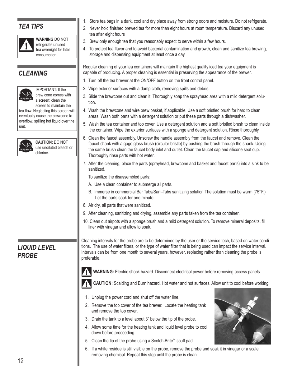 Cleaning, Liquid level probe tea tips | Wilbur Curtis PTT3 User Manual | Page 12 / 14