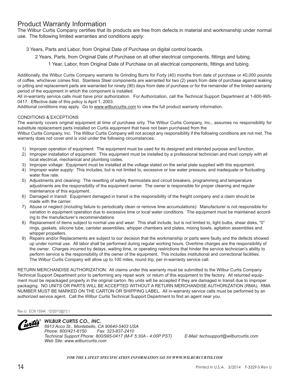 Product warranty information | Wilbur Curtis PTT3 User Manual | Page 14 / 14