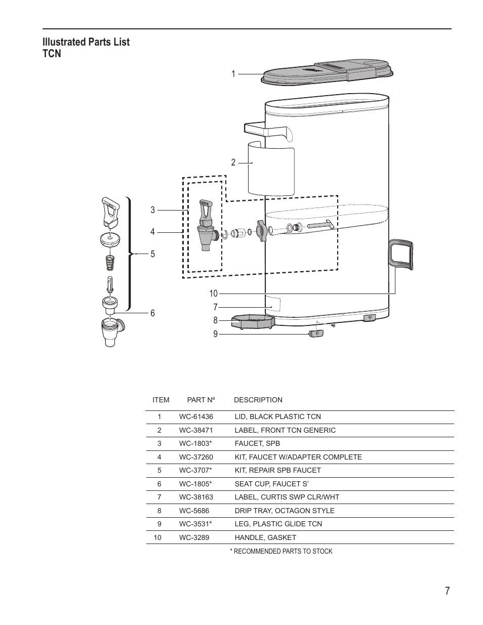 Illustrated parts list tcn | Wilbur Curtis PTT3 User Manual | Page 7 / 14