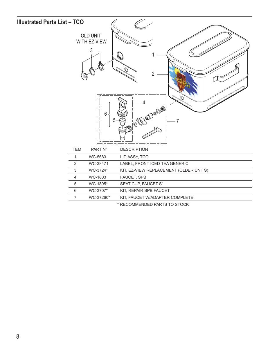 Illustrated parts list – tco | Wilbur Curtis PTT3 User Manual | Page 8 / 14