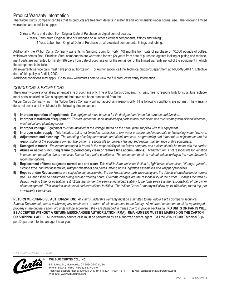 Product warranty information, Conditions & exceptions | Wilbur Curtis RTB30061 User Manual | Page 10 / 10