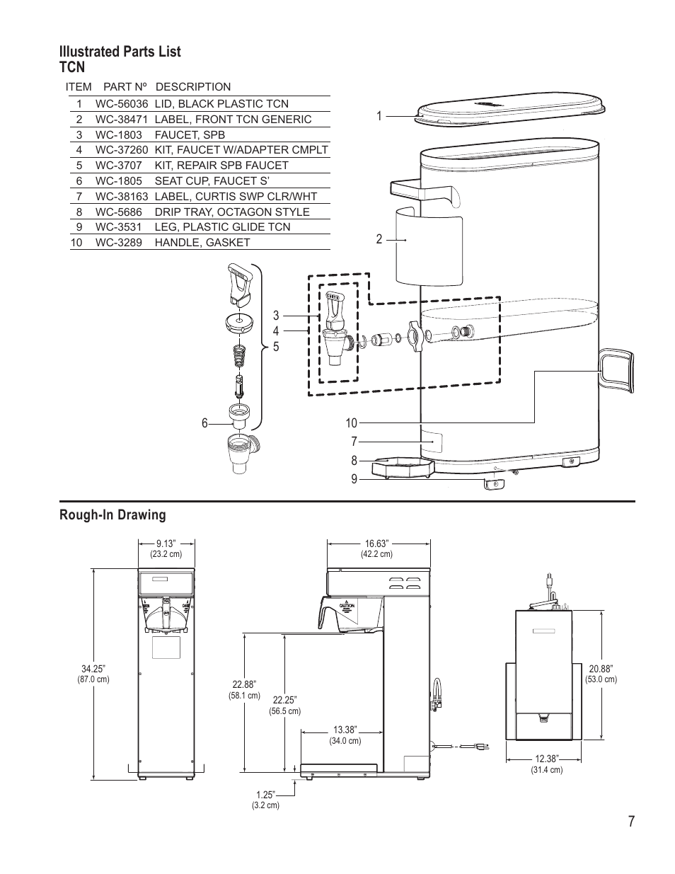 Illustrated parts list tcn, Rough-in drawing | Wilbur Curtis RTB30061 User Manual | Page 7 / 10