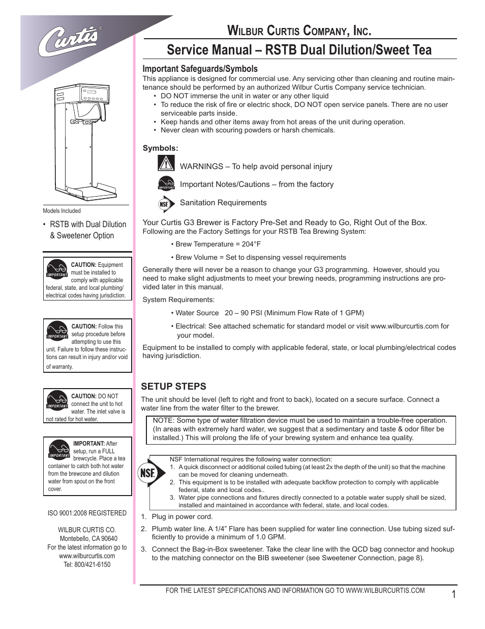 Wilbur Curtis RSTB with Dual Dilution & Sweetener Option User Manual | 16 pages