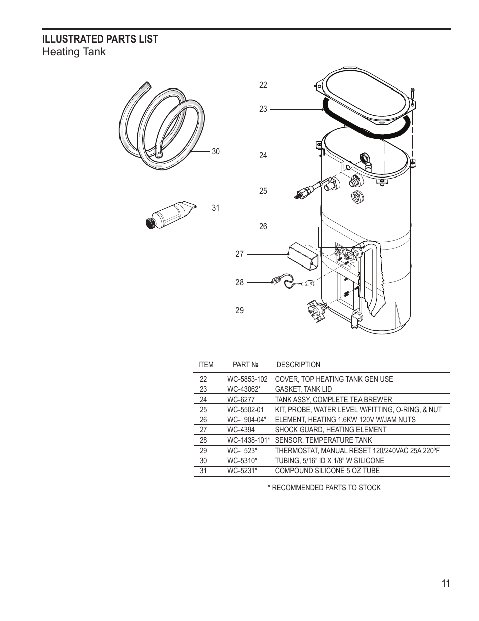 Illustrated parts list heating tank | Wilbur Curtis RSTB with Dual Dilution & Sweetener Option User Manual | Page 11 / 16