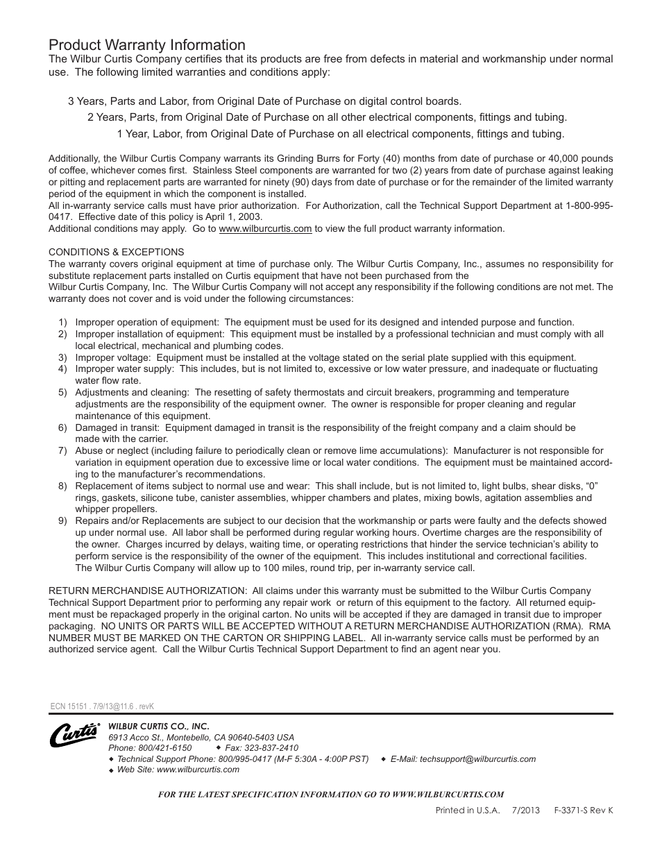 Product warranty information | Wilbur Curtis CBP User Manual | Page 12 / 12