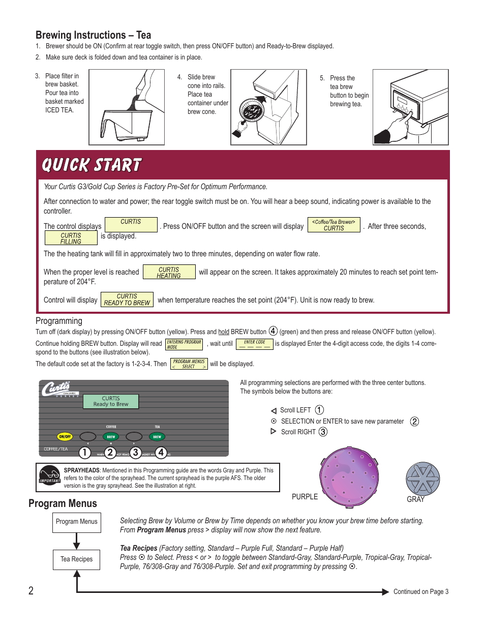 2program menus, Brewing instructions – tea | Wilbur Curtis CBP User Manual | Page 2 / 12