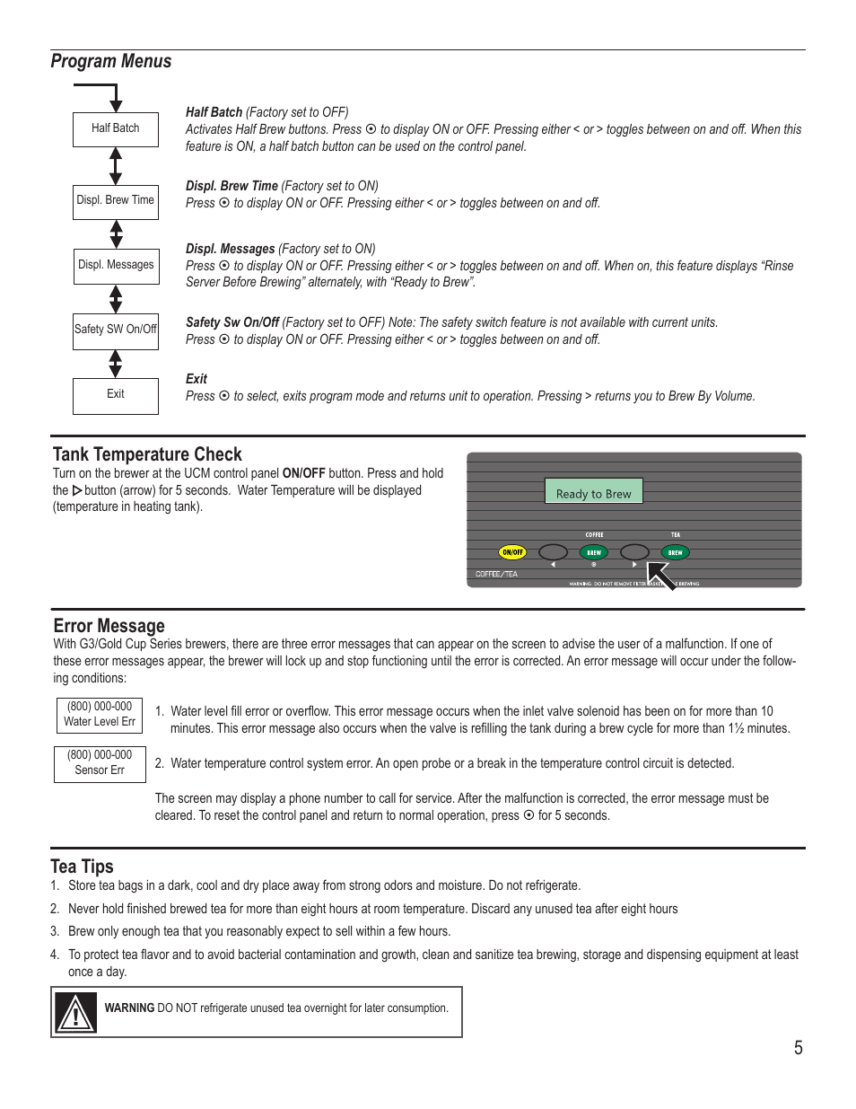 Program menus error message, Tank temperature check, Tea tips | Wilbur Curtis CBP User Manual | Page 5 / 12