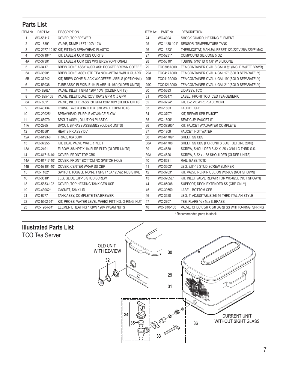 Illustrated parts list tco tea server parts list | Wilbur Curtis CBP User Manual | Page 7 / 12