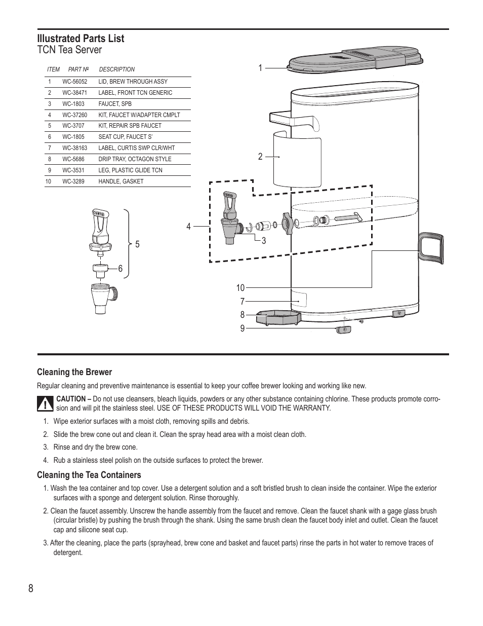 Illustrated parts list tcn tea server | Wilbur Curtis CBP User Manual | Page 8 / 12