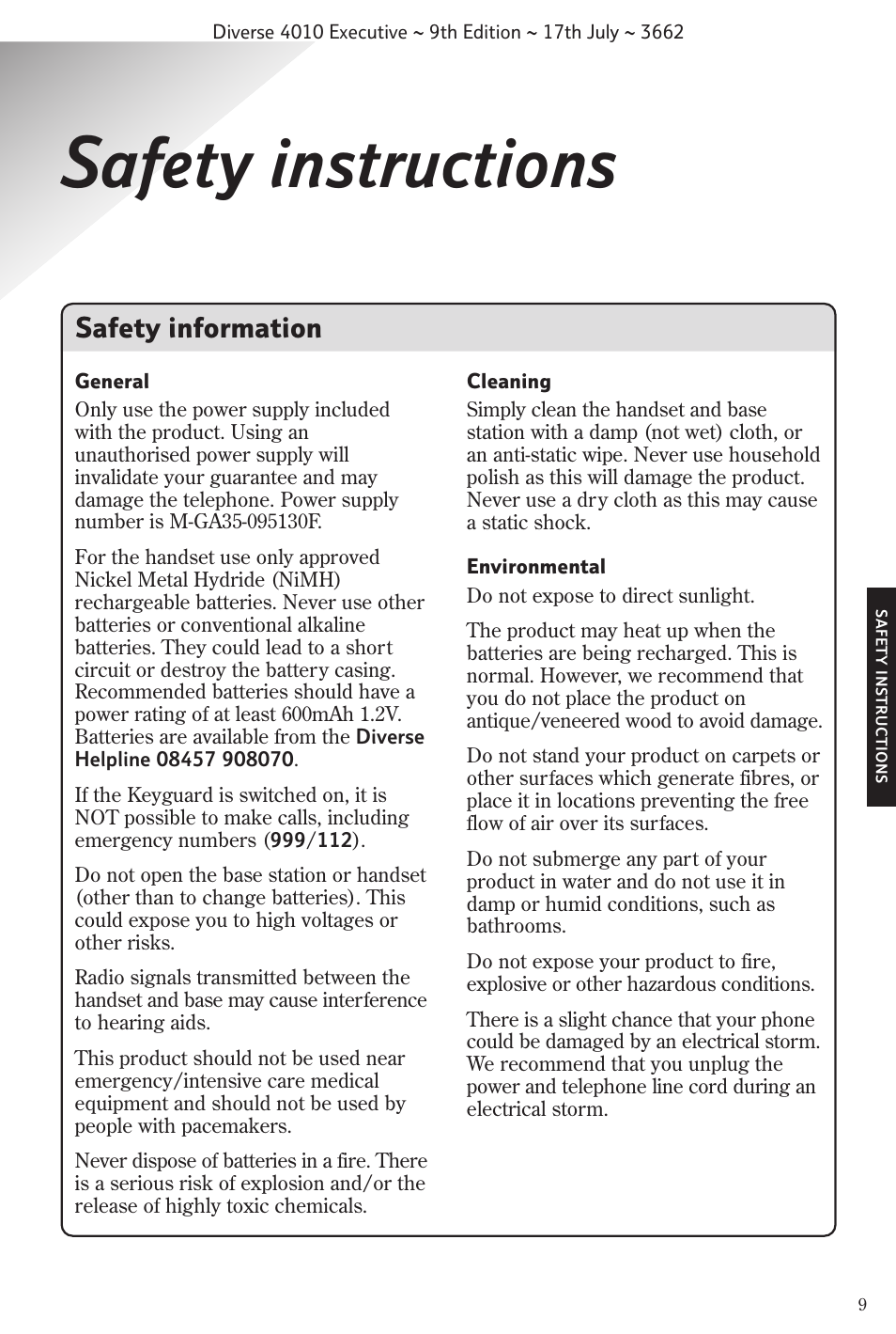 Safety instructions, Safety information | BT 4010 Executive User Manual | Page 11 / 69