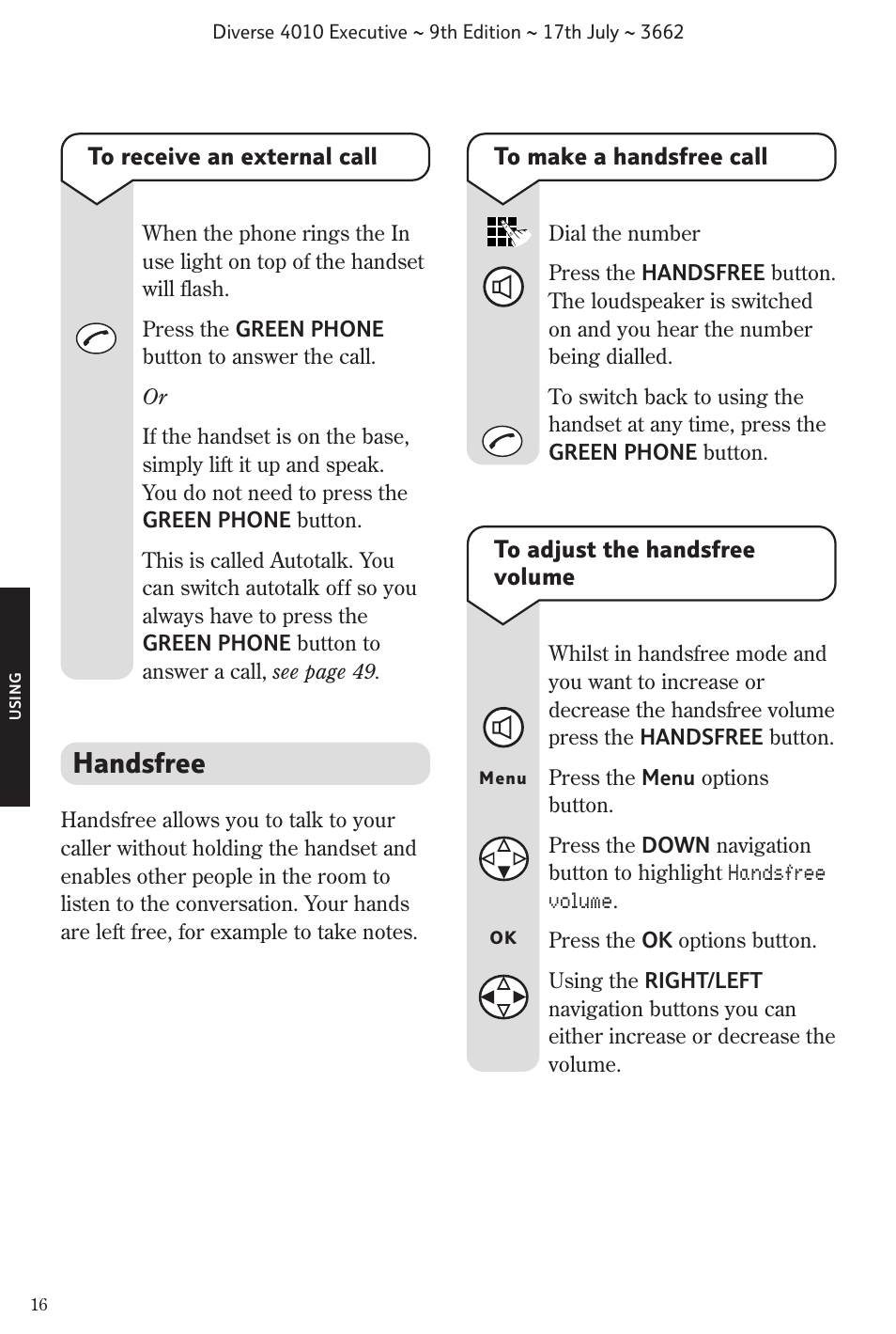 Handsfree | BT 4010 Executive User Manual | Page 18 / 69